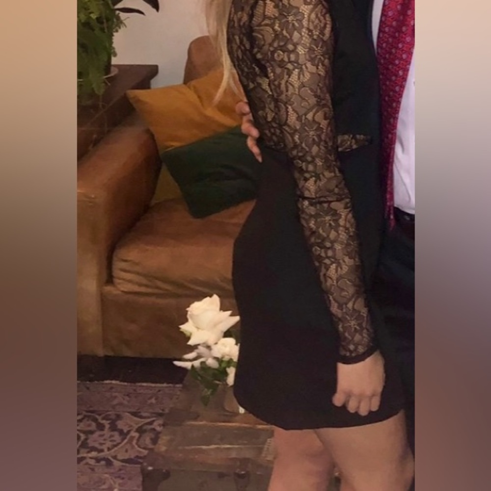 BCBG black dress with lace arms and waist!